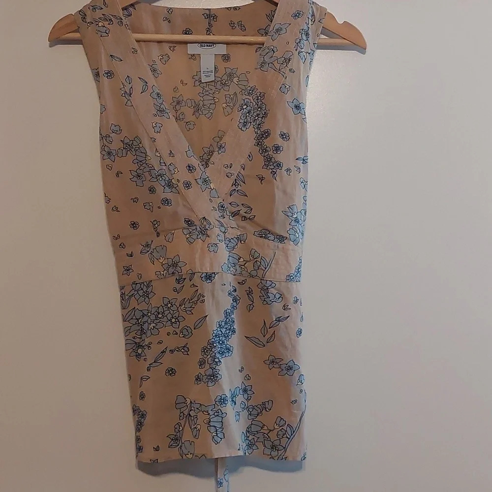 Vintage Cottagecore V neck floral pattern sleeveless top blouse tan blue L